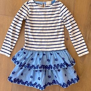 Mini Boden striped long sleeve dress with attached flowers - size 5-6Y